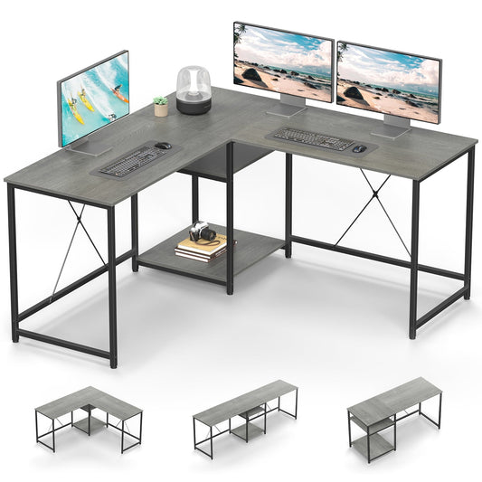 JOZ 59in Two-Way Convertible Desk with Lower Storage Shelf, Rock Gray Wood Grains Finish and Black Metal Frame