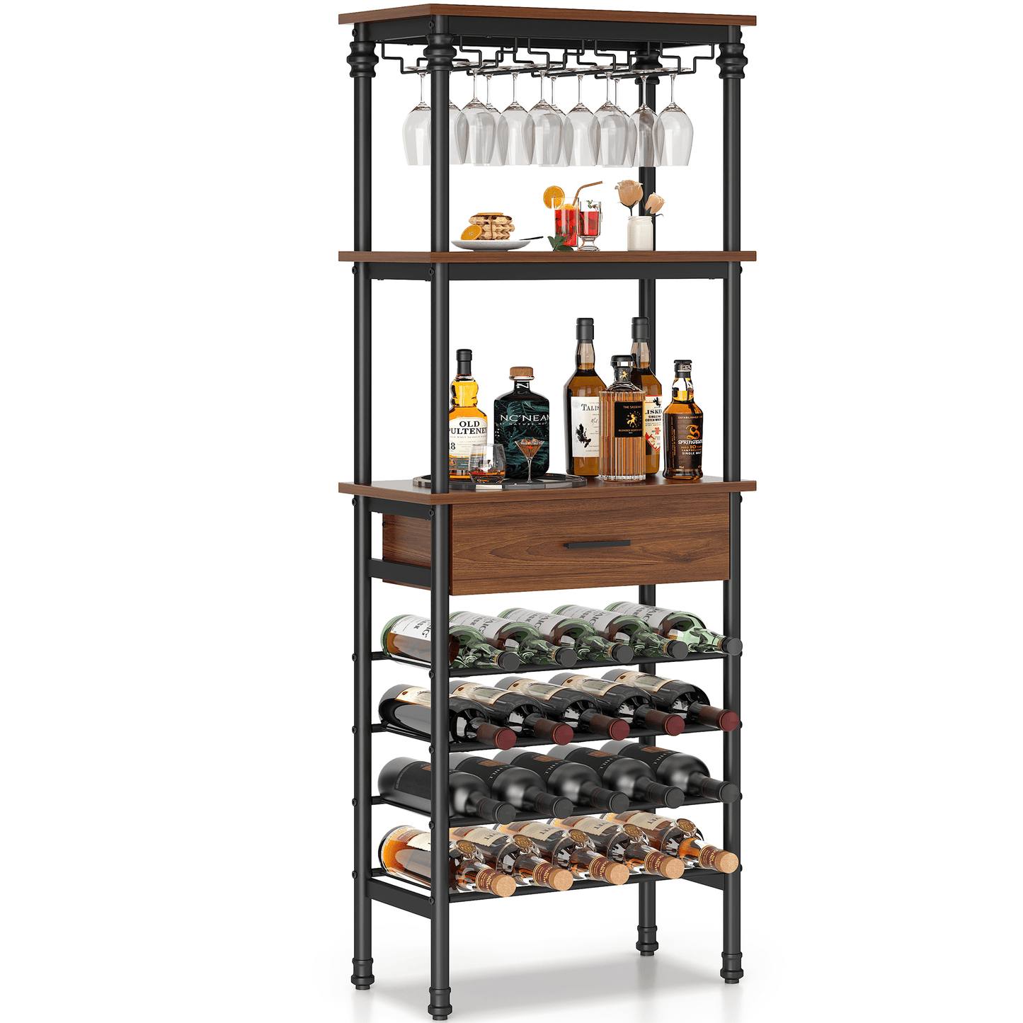 JOZ 4-Tier Wine Rack Cabinet Freestanding Floor, with Tabletop, Glass Holder, Storage Drawer and Wine Storage, for Liquor and Glasses