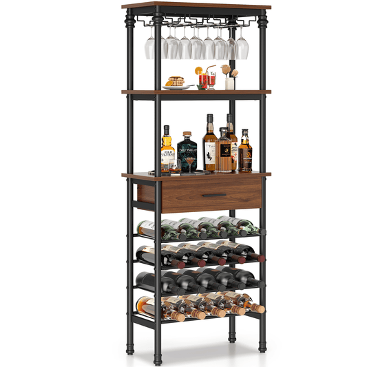 JOZ 4-Tier Wine Rack Cabinet Freestanding Floor, with Tabletop, Glass Holder, Storage Drawer and Wine Storage, for Liquor and Glasses