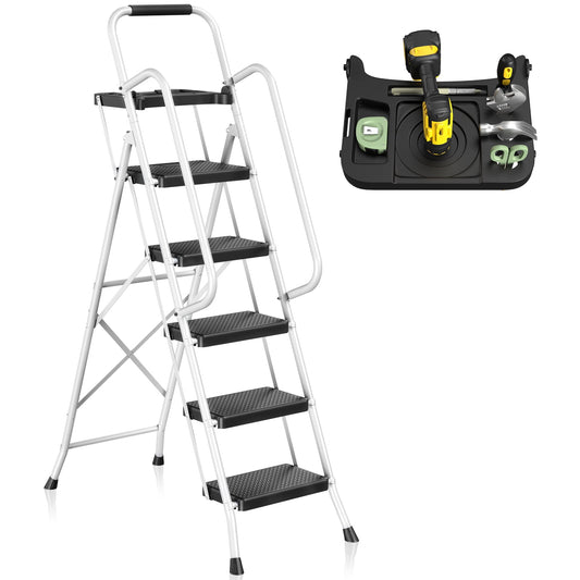 JOZ Folding 5-Step Ladder, 350lbs, with Handrails and Tool Tray and Anti-Slip Pedal, White