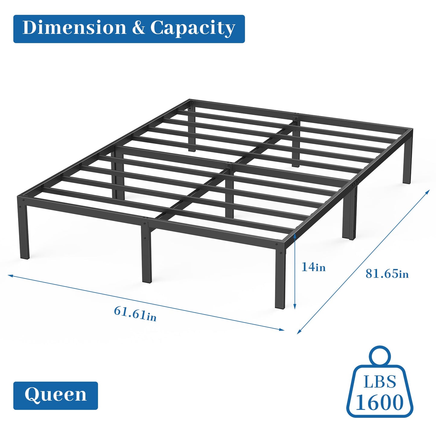 Mr IRONSTONE Queen Bed Frame, Heavy Duty Queen Size Metal Platform Bed Frame, 14" High with Storage, No Box Spring Needed, Black