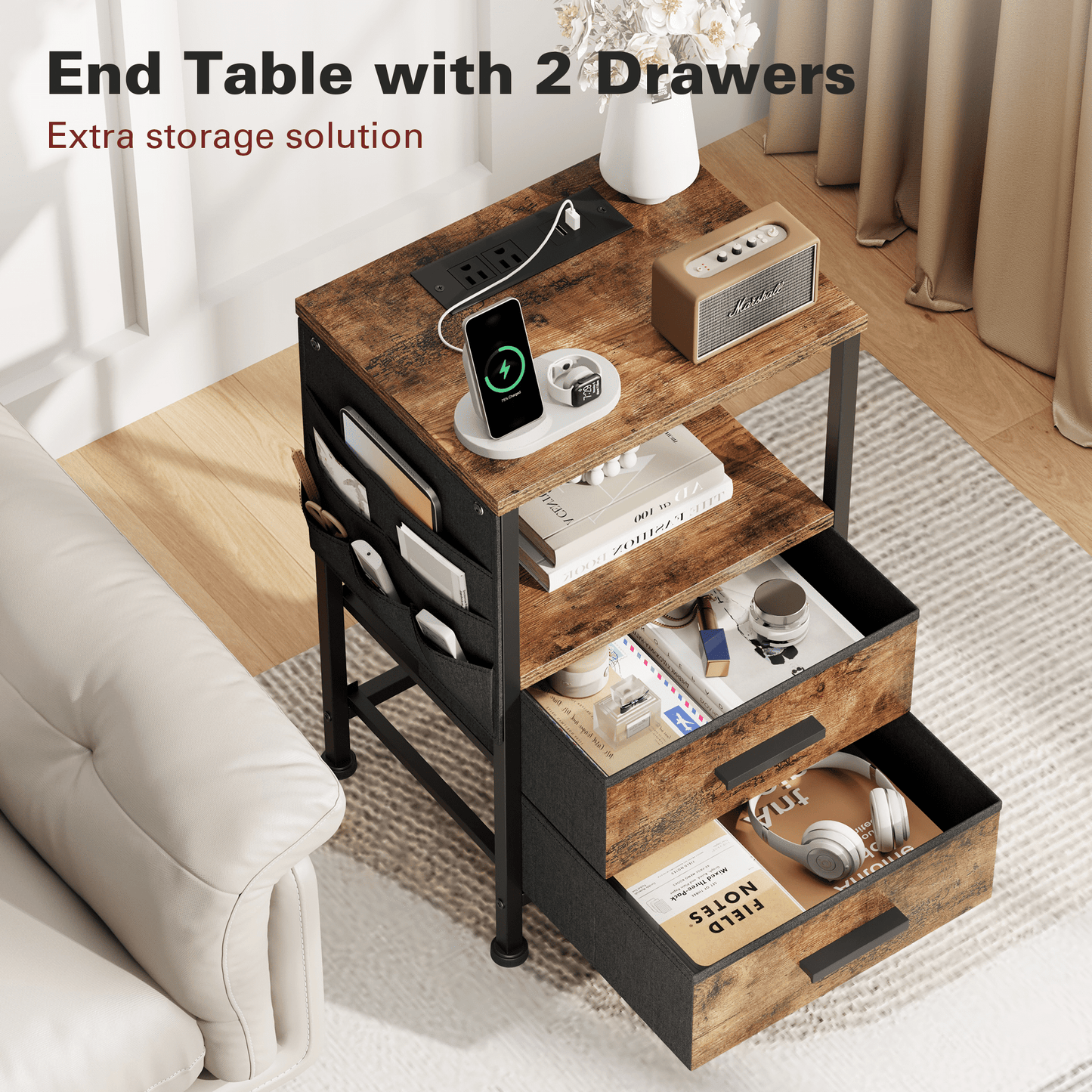 JOZ Nightstand with Charging Station, Rustic Brown, 23.6 x 15.2 x 11.8 Inches