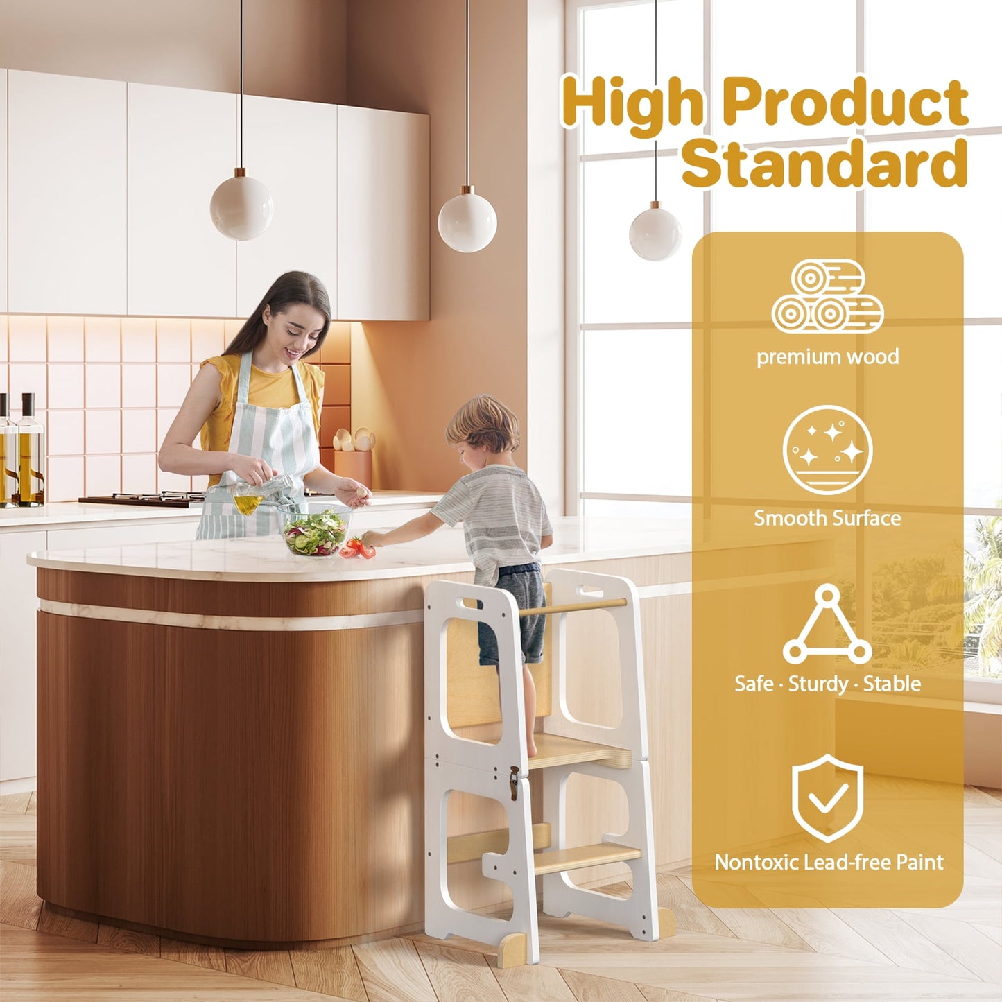 JOZ 3-in-1 Toddler Kitchen Stool Helper – Foldable Kids Standing Tower with Chalkboard and Safety Rail, Wooden Step Stool for Bathroom, Counter, and Learning