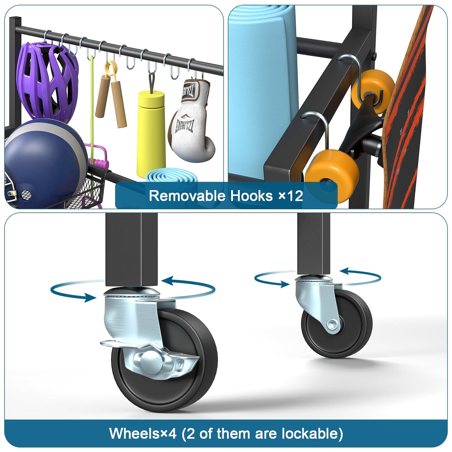 Sports Equipment Organizer Rack, Rolling Ball Storage Cart with Hooks, for Garage and Home
