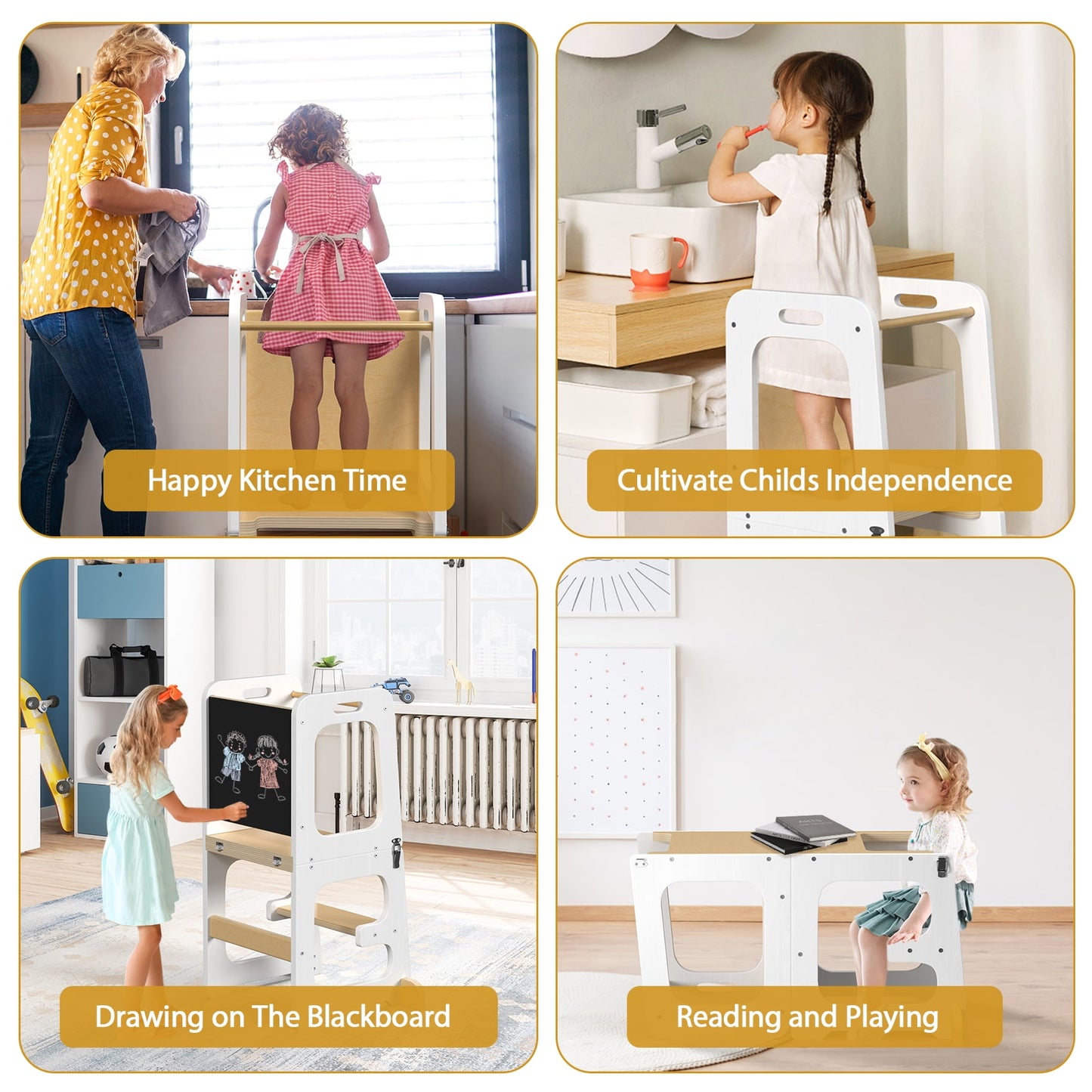 JOZ 3-in-1 Toddler Kitchen Stool Helper – Foldable Kids Standing Tower with Chalkboard and Safety Rail, Wooden Step Stool for Bathroom, Counter, and Learning