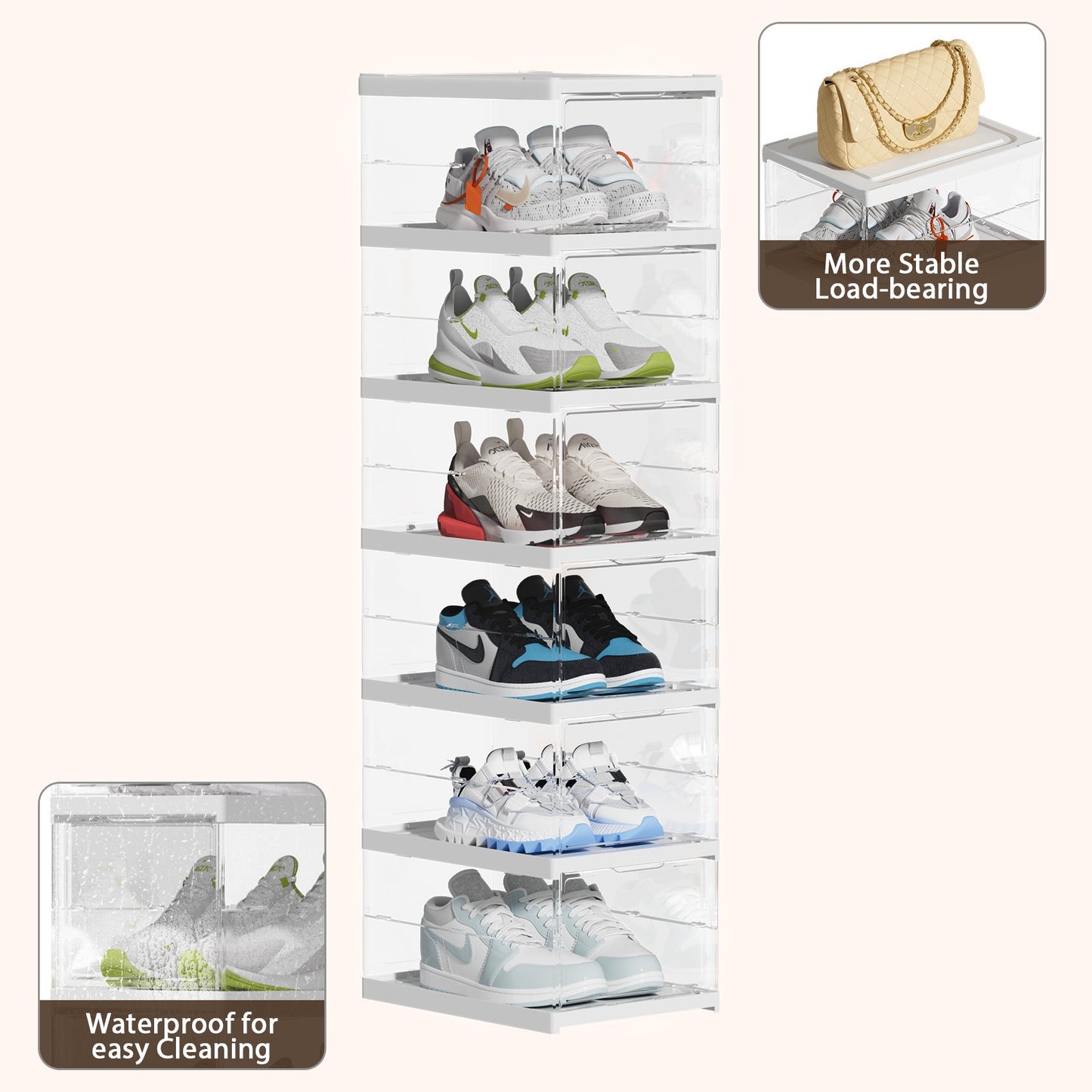 JOZ Flodable Clear Stackable Shoe Box Organizer for Home & Kitchen Storage