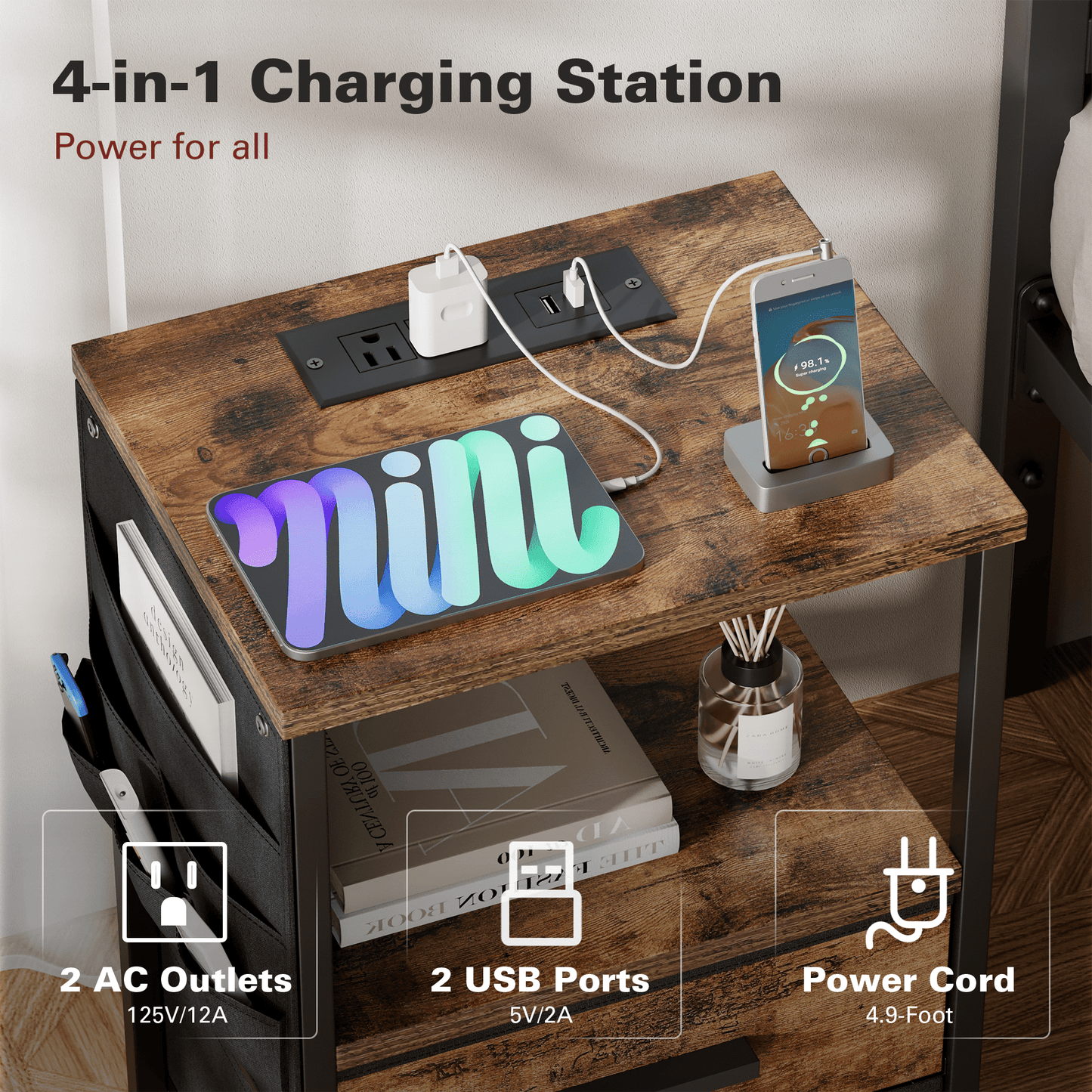 JOZ Nightstand with Charging Station, Rustic Brown, 23.6 x 15.2 x 11.8 Inches