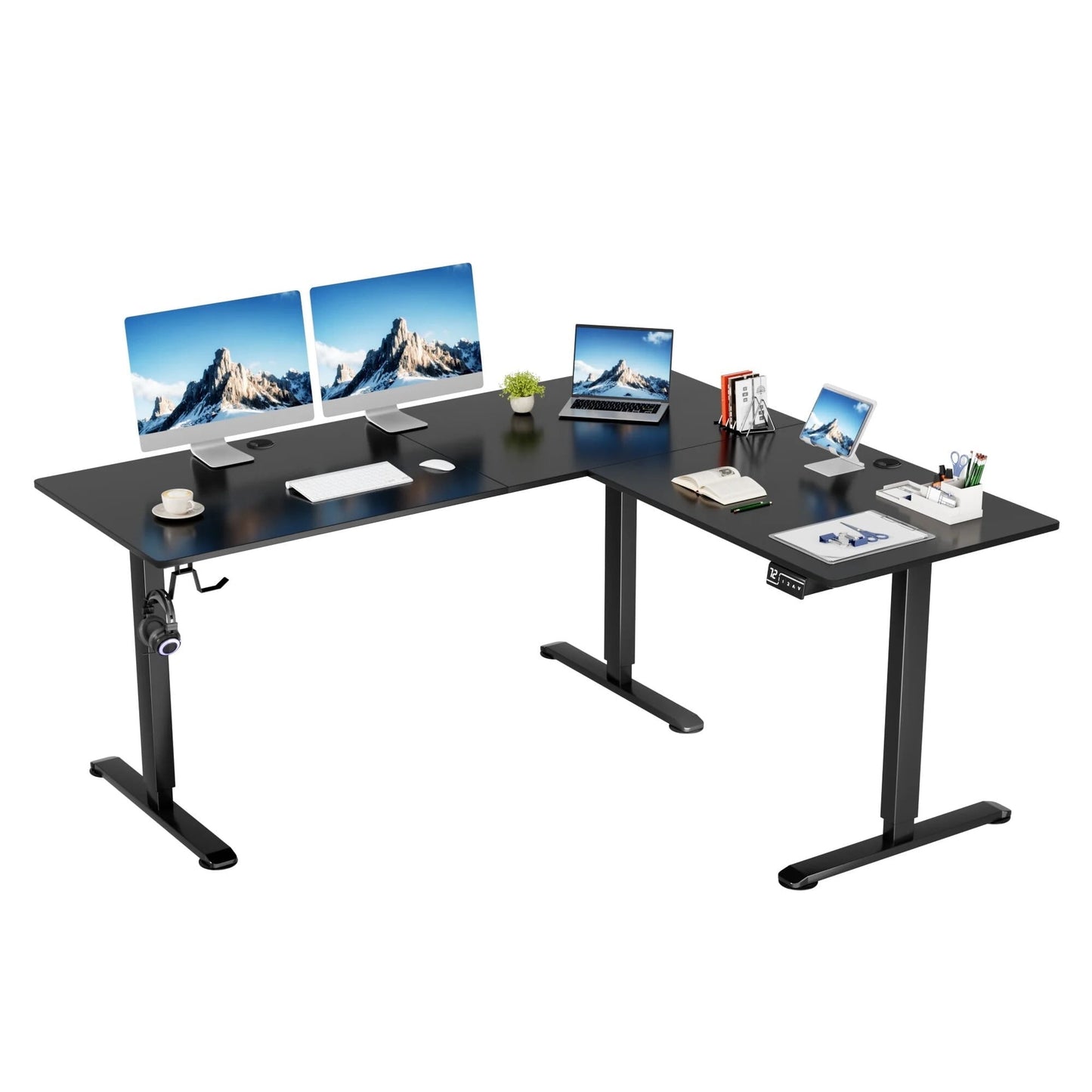 Mr IRONSTONE L-Shape Black Corner Electric Desk - Adjustable Height Sit-Stand Workstation