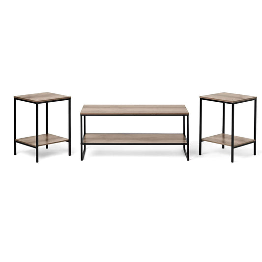 Mr IRONSTONE 3-Piece Coffee and End Table Set: Rustic Rock Gray Elegance with Sturdy Metal Frames